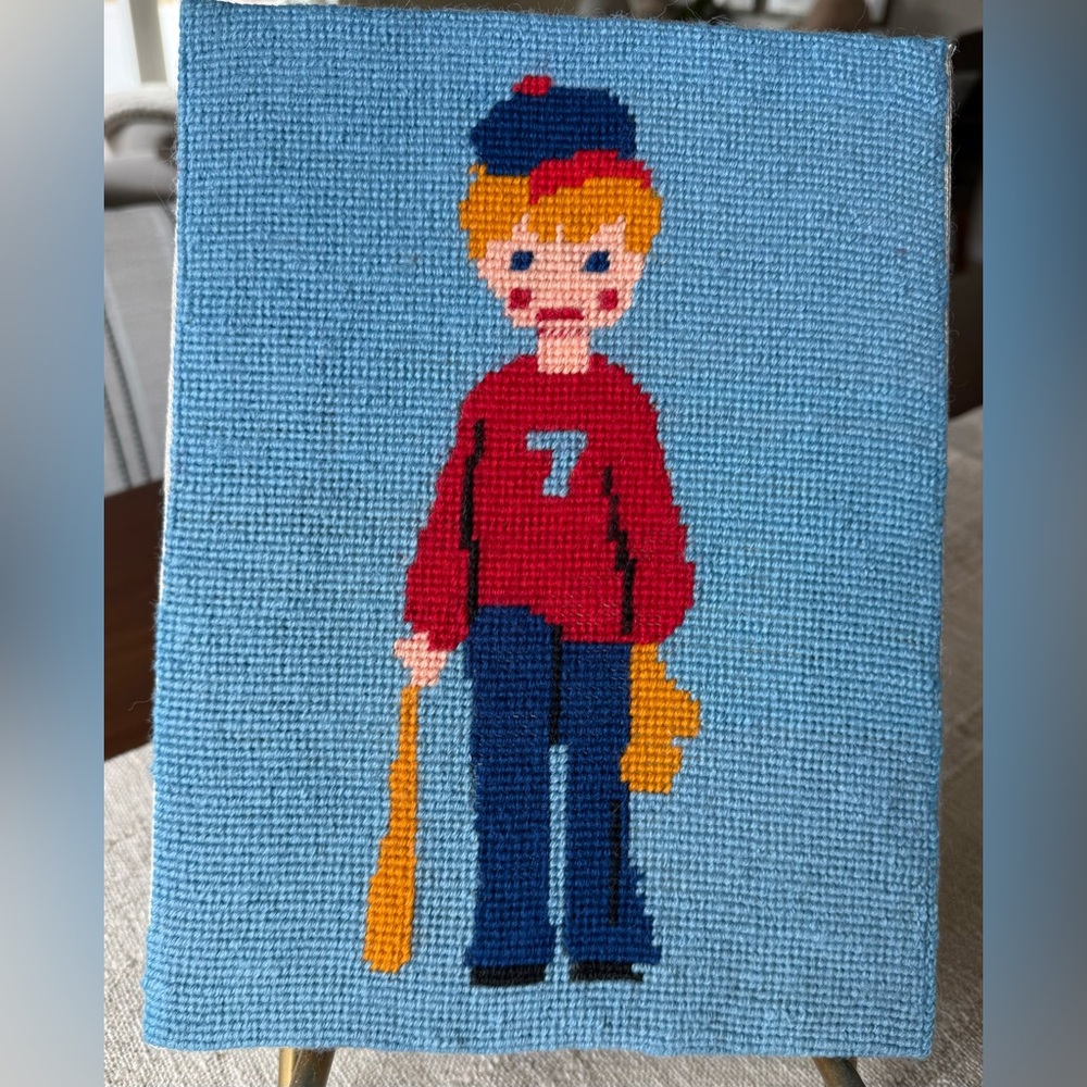 Handmade Needlepoint Boy Wall Art | Vintage Style Canvas | Framed Textile Art